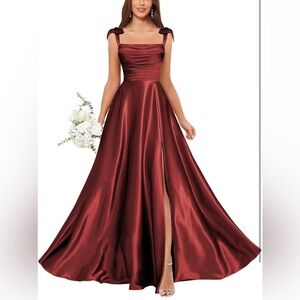 Satin Spaghetti Straps Pleated Sqaure Neck ALine Formal Evening Gown w/ Pockets